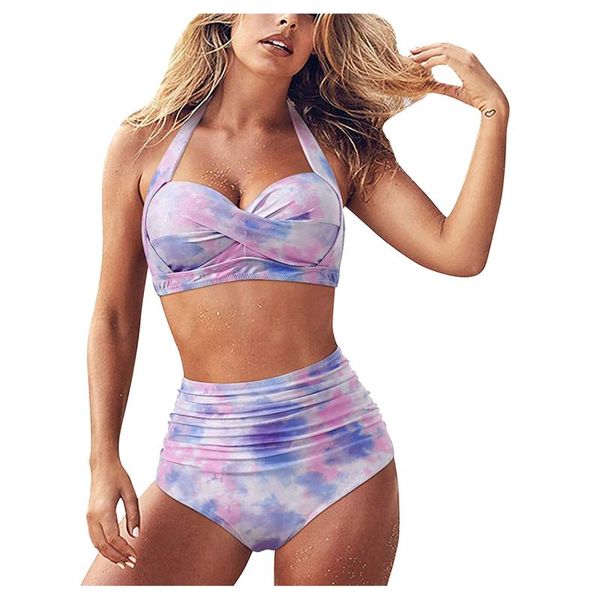 

one-piece suits vintage swimsuit women two piece bikinis set retro halter ruched high waist print bathing suit bikini mujer 2021