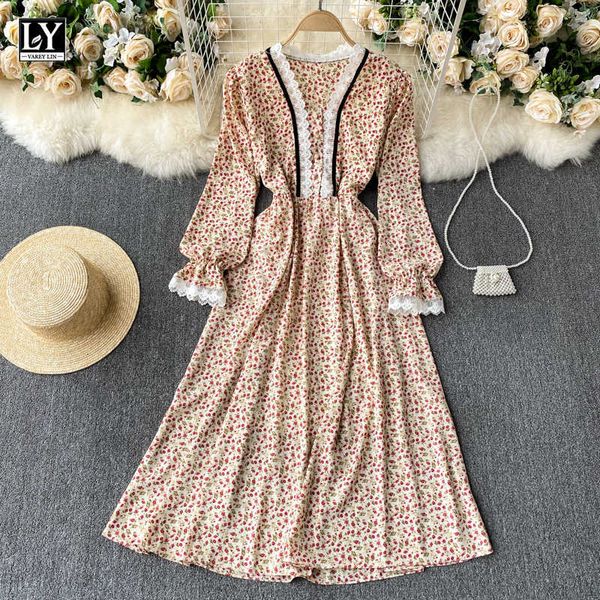

ly varey lin spring autumn women casual loose floral print dress v-neck puff sleeve long fairy 210526, Black;gray