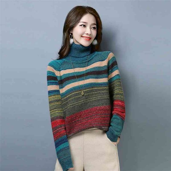 

women autumn winter turtleneck long-sleeved sweater pullover korean style loose colored striped thick pl555 210506, White