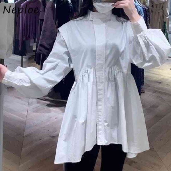 

neploe spring puff long sleeve blusas stand collar pleated slim waist women blouse french style sweet solid shirts 210510, White