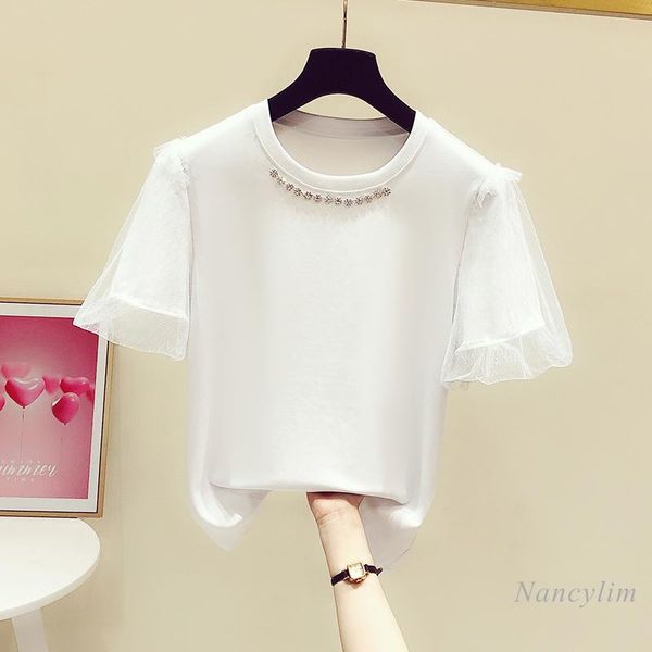 

women white t shirt 2021 summer korean style temperament mesh puff sleeve diamond-embedded round neck camisetas de mujer women's t-shir