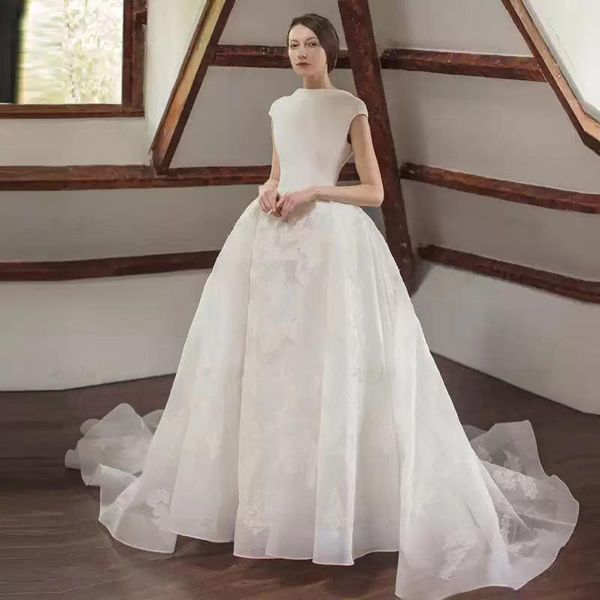 

other wedding dresses vintage o-neck sleeveless tulle lace backless button embroidery luxury white floor-length women bridal gown g490