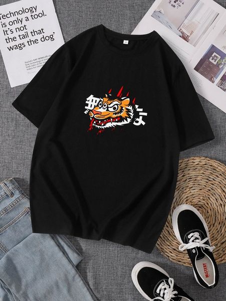 

men cartoon and japanese letter graphic tee 23rw#, White;black
