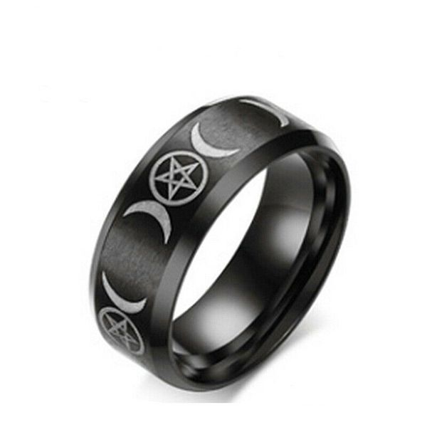 

8mm star moon religious witchcraft symbol stainless steel band size 6-13, Silver
