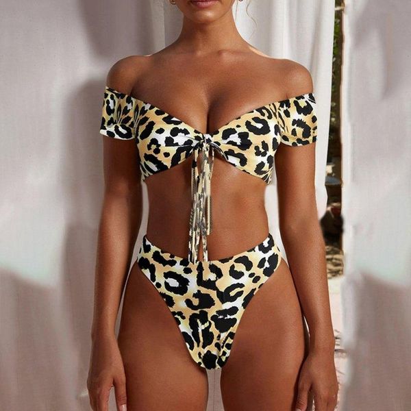 

women swimsuit bikini set two pieces swimwear leopard print high waist thong off shoulder bathing suit female one-piece suits