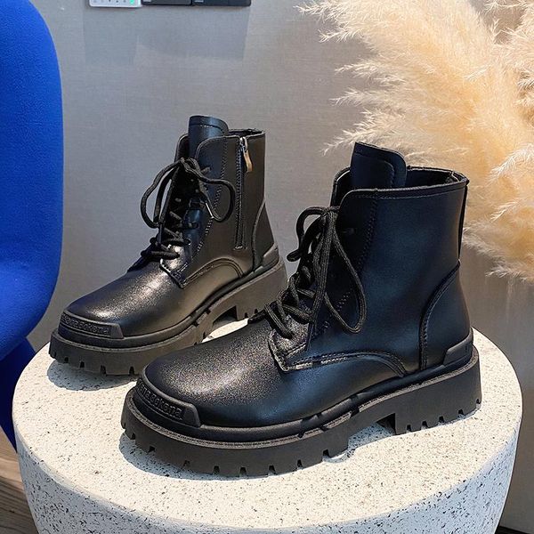 

boots winter women ankle leather fashion autumn warm fur motorcycle non-slip waterproof female platform botas mujer, Black