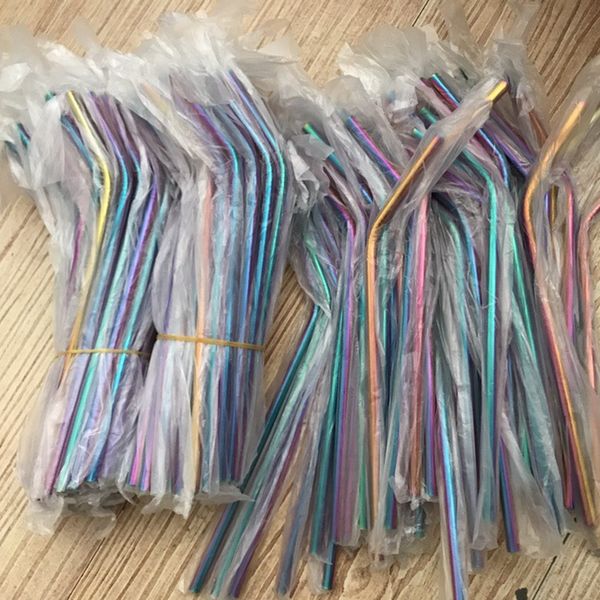 

wholesale rainbow multi-colored stainless steel straws 8.5inch straight bent reusable metal straws drinking straws for mason jars