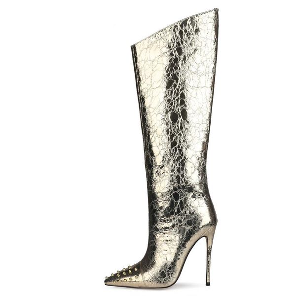 

boots luxury metal pattern women's pointed stiletto plus velvet party dress women knee, Black