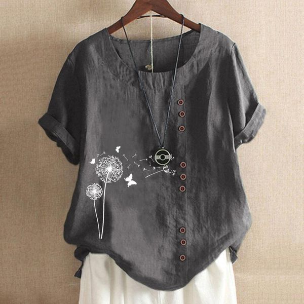

women's t-shirt 2021 summer tee shirt women round neck short sleeve casual dandelion-print button loosepullover female elegant, White