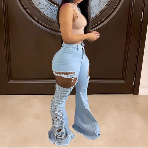 

women's jeans women african mid waist ripped elastic sheath full length denim flare pants female fashion casual trousers autumn 2021, Blue
