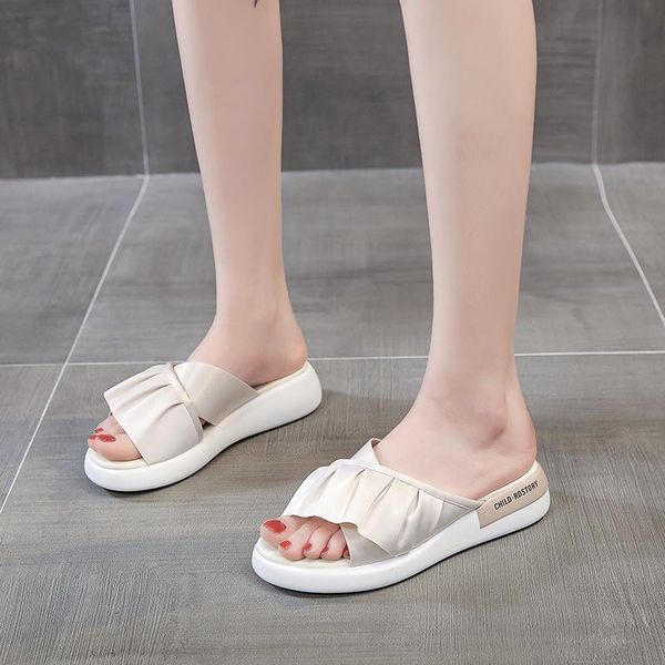 

slippers weideng women thick soled soft shoes antiskid ventilation elegant classic slides round head park indoor comfortable summer, Black