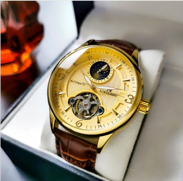 

aokulasic brand watch mechanical automatic movement leather strap men's business fashion watches aok03, Slivery;brown