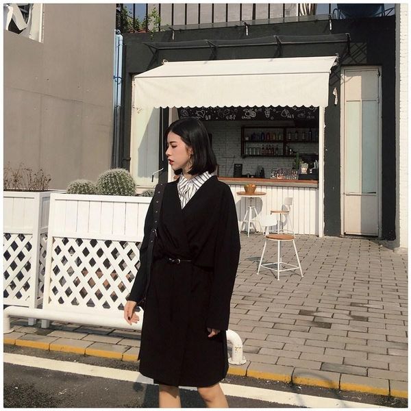

women's trench coats fashion autumn long sleeve solid overcoats women adjustable high waist office v-neck belt windbreakers, Tan;black