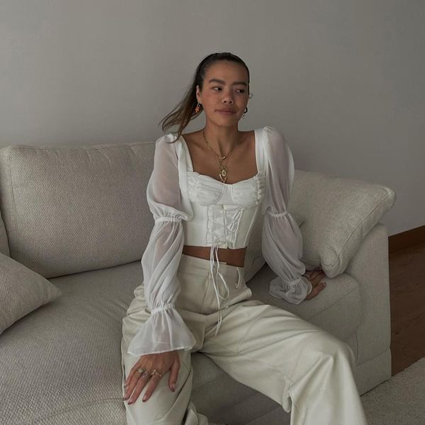

women's blouses & shirts women casual long puff sleeve blouse t-shirt fashion solid square collar bandage ruffle tunic vintage elegant, White