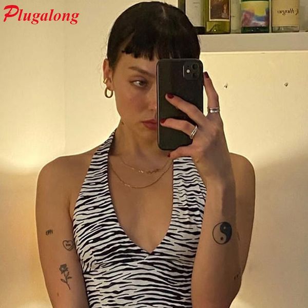 

women's tanks & camis plugalong zebra print halter neck y2k crops women bodycon fitness halterneck tank casual summer cropnight, White