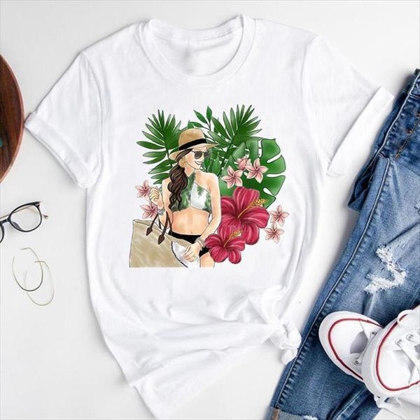 

graphic cartoon beach flower cute womens t shirt fashion print short sleeve summer female clothes tees, White