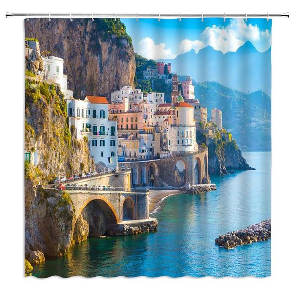 

island scenery theme shower curtain romantic european island retro gothic architecture castle ocean landscape,70x70 inch