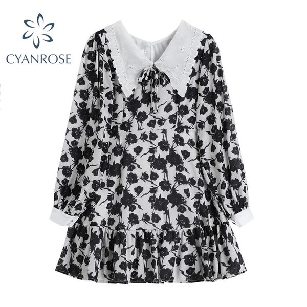

autumn gothic dress women vintage casual long sleeve floral print pleated sweet chic korean lapel short midi dresses flower 210430, Black;gray