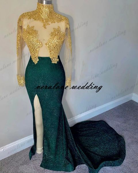 

high neck mermaid evening dresses long sleeves gold appliues prom party gowns afrcian women evenig wear, Black