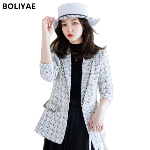 

women's suits & blazers boliyae autumn winter suit coat women fashion tweed plaid wool jacket casual long sleeve outerwear elegant chic, White;black