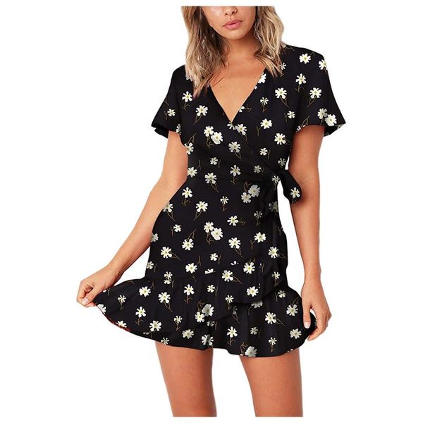 

casual dresses flower designer dress short sleeve v neck for party summer wrap, Black;gray