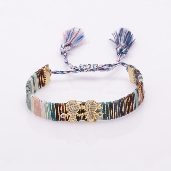 

charm bracelets bohemia boho rainbow cz pave boy girl kid gold beads cotton silk wristband adjustable bracelet for woman gift, Golden;silver