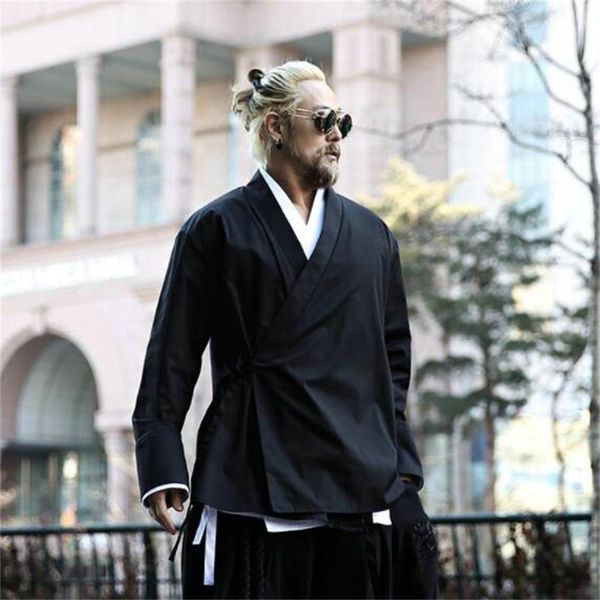 

men's casual shirts v-neck lace up shirt korea fashion brand large style personalized versatile loose long sleeve, White;black
