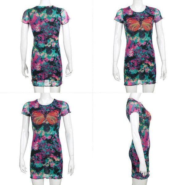 

casual dresses women short sleeve o-neck bodycon ruffles mini dress harajuku butterfly tie-dye printed mesh high waist summer party, Black;gray