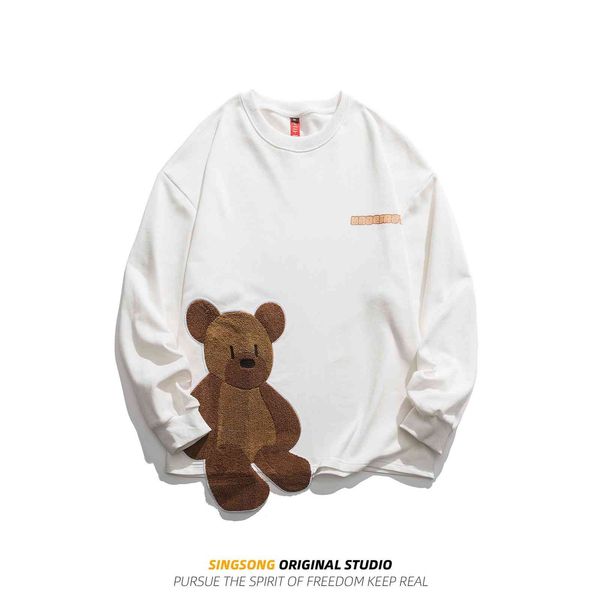 

the fine fleece hoodies weiyi men's spring and autumn wear harajuku trend flocking cartoon bear collage round neck loose pullover coat, Black