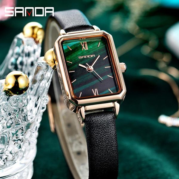 

rectangle green woman watch small dial ultra thin lady for retro leather strap waterproof wristwatches montres femme, Slivery;brown