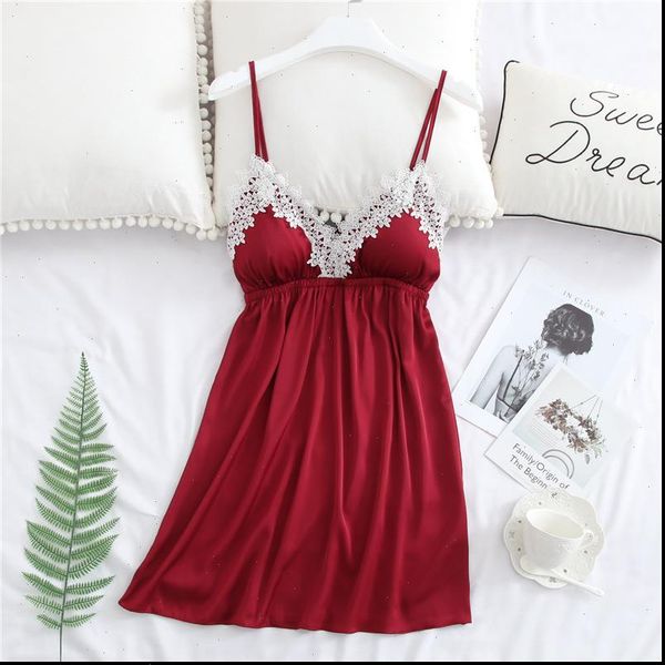 

summer dress silk satin sleeveless womens sleepwears nightgown lace trim nightdress soft sleepwear homewear with chest pads, Black;red