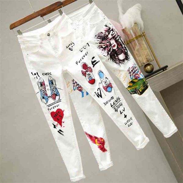 

summer spring women denim jeans cartoon graffiti flowers print skinny stretched jeans pencil pants denim slim capris jeans nz60 210322, Blue