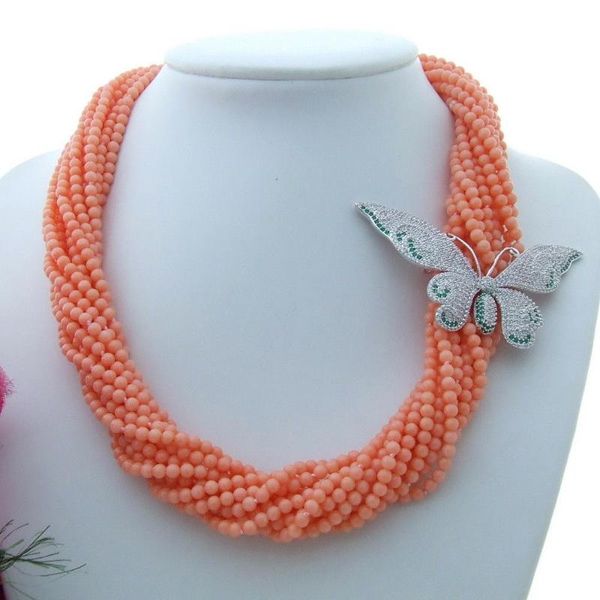 

chains charming 13 strands round pink coral necklace micro inlay zircon butterfly buckle flower accessories long 50 cm, Silver