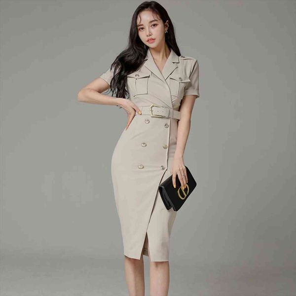 

summer formal office work women dress elegant khaki double breasted short sleeve slim shirt with sashes belt, Black;gray