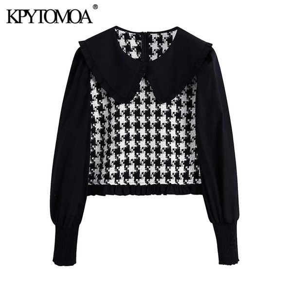 

kpytomoa women fashion patchwork ruffled blouses vintage peter pan collar long sleeve back zipper female shirts chic 210317, White