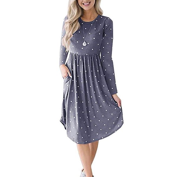 

casual dresses autumn dot 2021 sleeve women dress loose round neck ladies pleated midi party with pockets vestidos, Black;gray