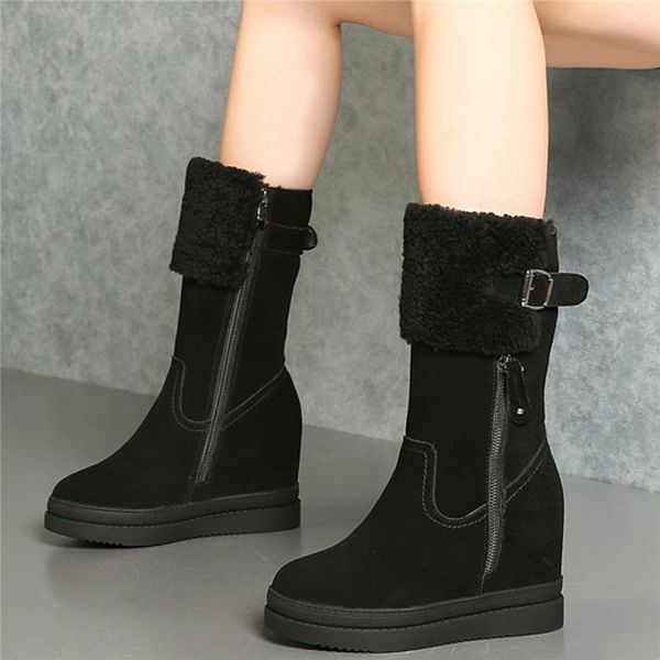 

boots winter warm fur pumps shoes women genuine leather wedges high heel snow female round toe platform oxfords, Black