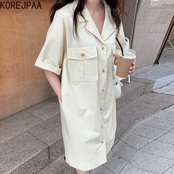 

korejpaa women dress summer korean chic ladies lapel single-breasted loose straight pocket short-sleeved utility vestidos 210526, Black;gray