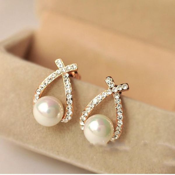 

stud cross pearl short earrings women korean crystal high-end exquisite fashion jewelry gifts wholesale, Golden;silver