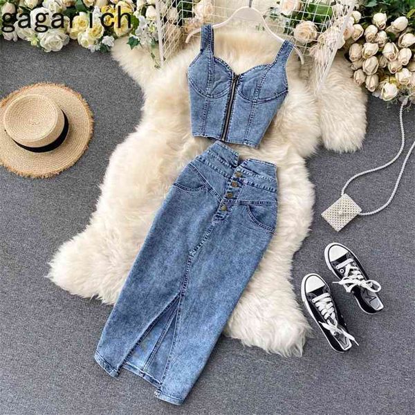 

gagarich women 2 piece set korean style ins lady short camisole high waist denim skirt fashion 210730, White