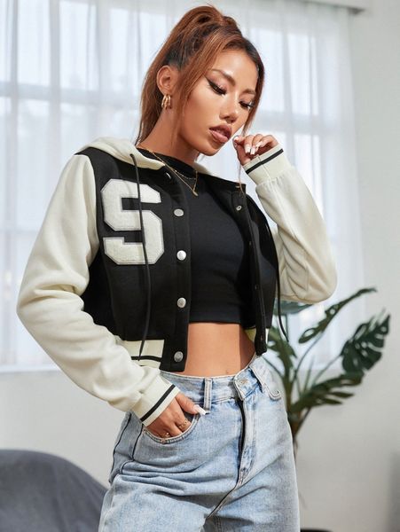 

letter patch detail two tone drawstring hooded crop pullover r7cb#, White;black