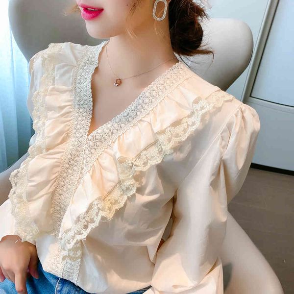 

women's blouses & shirts women ruffles hem blouse ladies v-neck lace long sleeve elegant blusas femininas auyn, White
