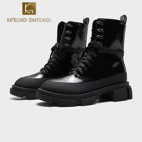 

boots katelvadi women motorcycle real leather round toe patent lace up shoes black ankle size 35-40 ylt-002