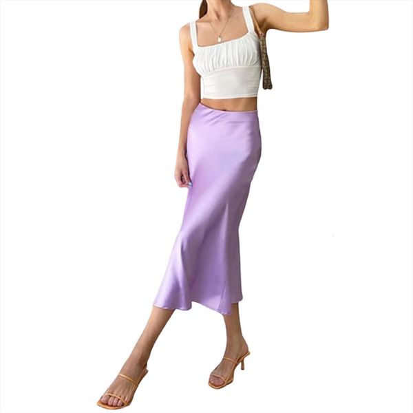 

satin high waist wrap long womens skirts solid color elegant ladies party office plain shiny summer, Black