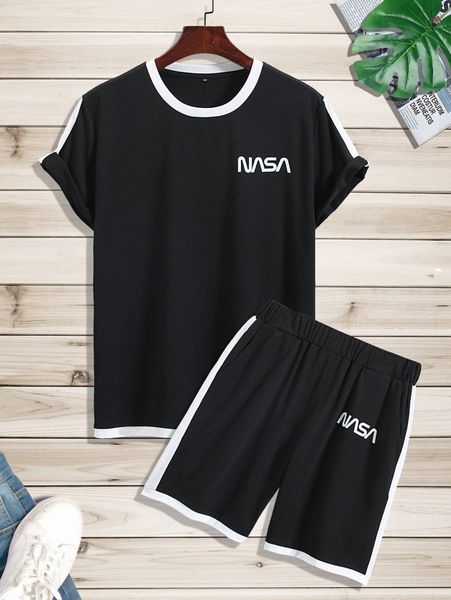 

men letter graphic contrast panel tee & shorts r5ef#, Gray