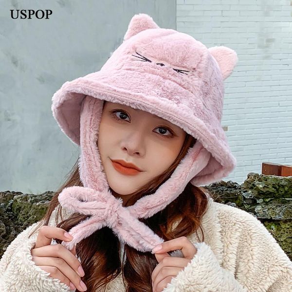 

bucket hats women winter cartoon cat hat with earmuffs solid color soft thick warm velvet wide brim, Blue;gray