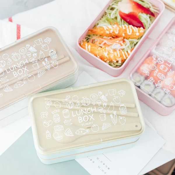 

dinnerware sets wheat straw lunch box double layer thermal insulation bento with bag microwavable container compartments