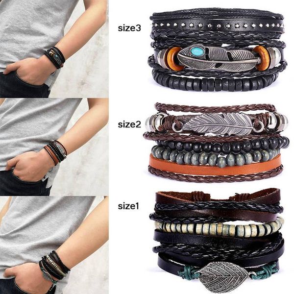 

charm bracelets men punk vintage leather warp bracelet bangles set for women woven rope leaf star wristband friends boy gift party jewelry, Golden;silver