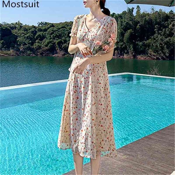 Floral bedrucktes Chiffon-Sommerkleid Frauen Kurzarm V-Ausschnitt A-Linie Midi-Kleider Vintage Elegante Damen Vestidos Femme 210513