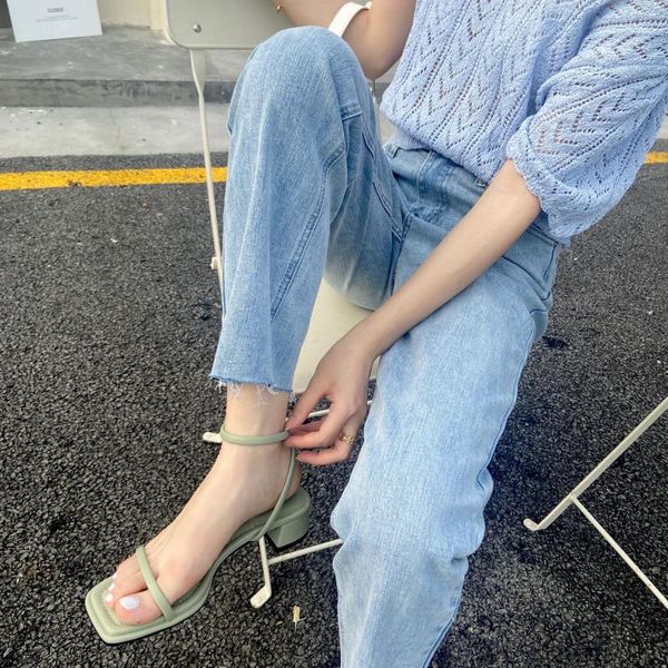 

sandals female shoe med clear heels buckle strap girls medium beige fashion low summer comfort block scandals pu solid, Black